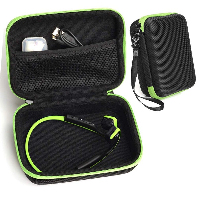 CaseSack Protective case for Shokz openrun, openrun pro, openrun Mini, openmove, opencomm, Aftershokz Aeropex, OpenMove, Trekz, Trekz Mini, Trekz Air, Bluez 2, 2S; KSCAT (Black with Green Zip) - Image 1